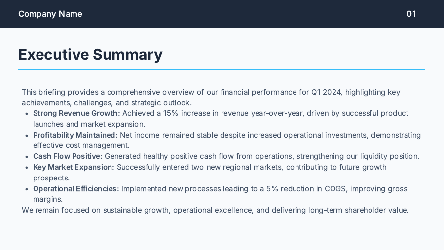 Quarterly Financial Briefing for Board
