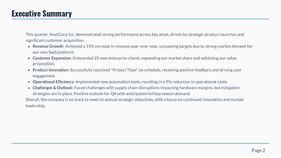 Quarterly Business Review: Executive Update