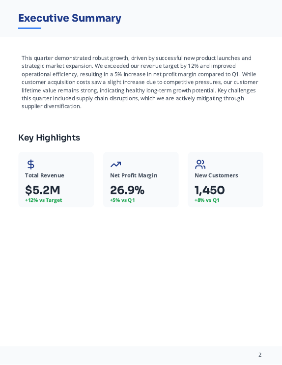 Quarterly Financial & KPI Report for Execs
