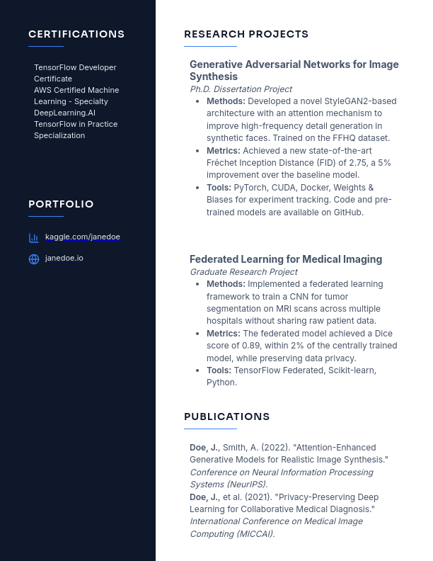 Data Scientist Resume for ML Research Roles