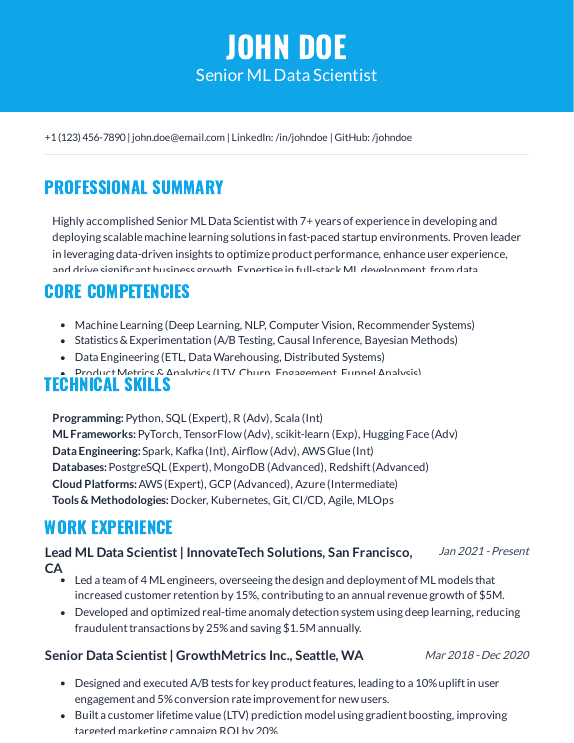 Startup-Focused Senior ML Data Scientist Resume