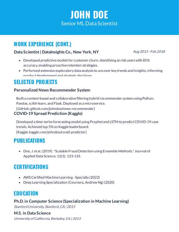 Startup-Focused Senior ML Data Scientist Resume