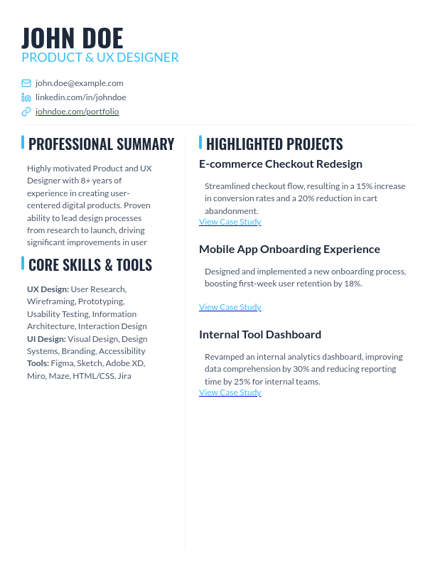 Portfolio-First Product Designer Resume