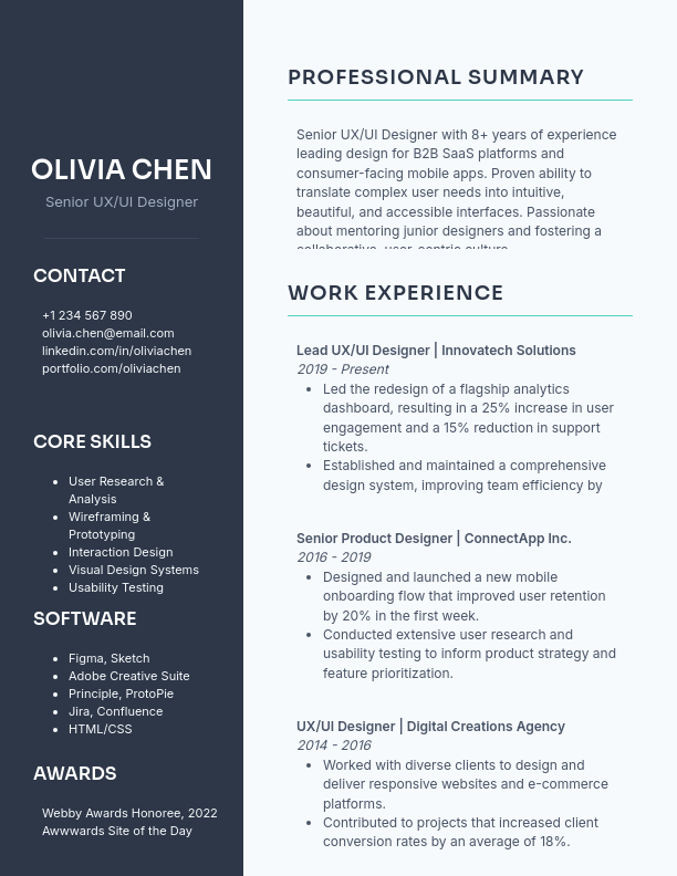 Senior UX/UI Designer Resume — Portfolio Focus