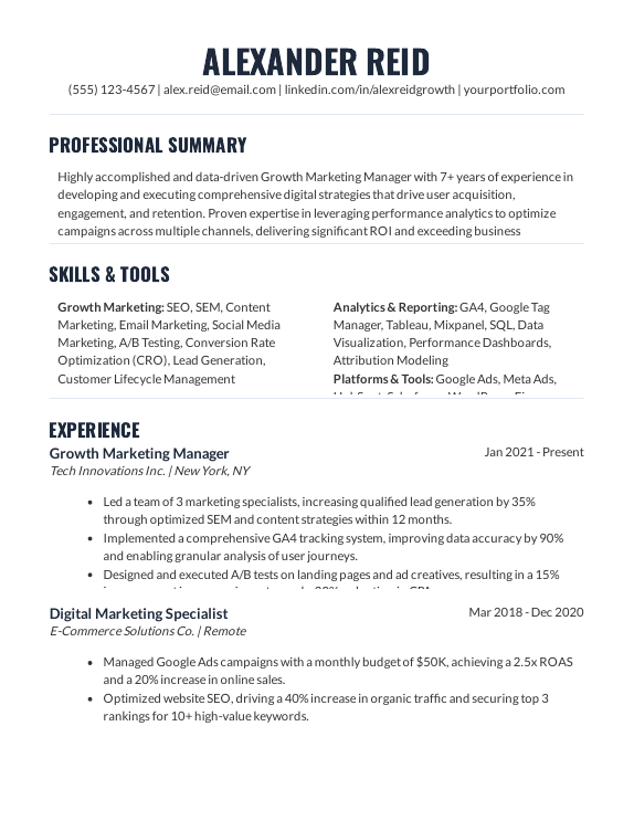 Marketer Resume: Growth & Performance