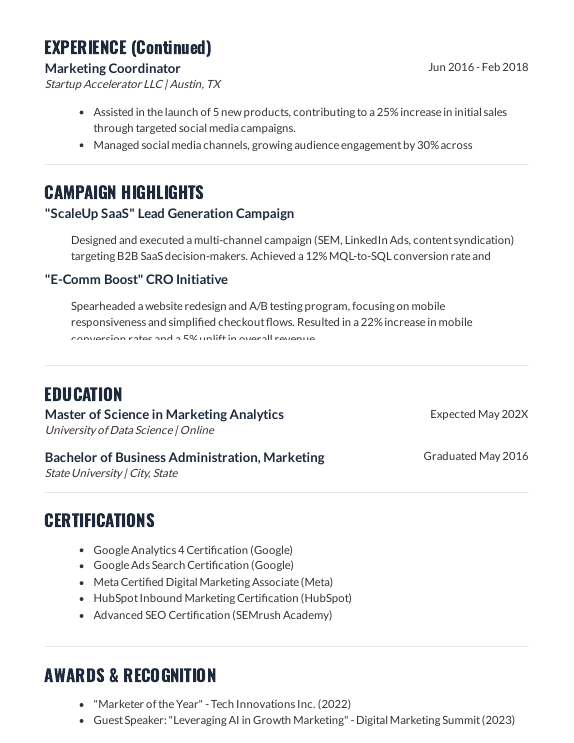 Marketer Resume: Growth & Performance