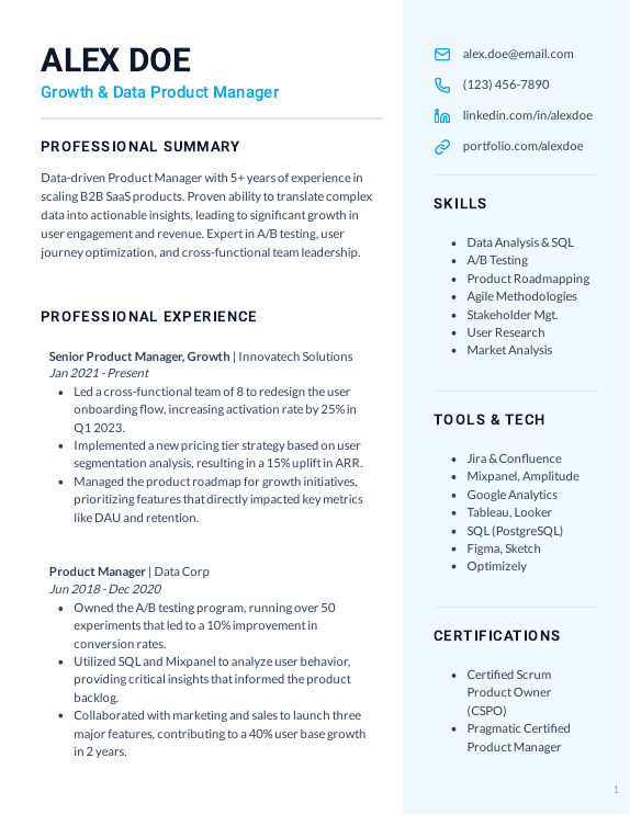 Product Manager Growth & Data Resume