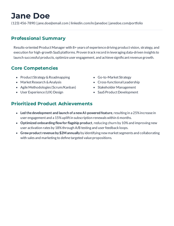 Product Manager Resume — Growth & Metrics