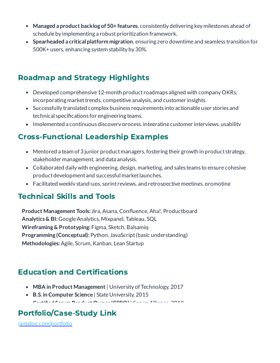 Product Manager Resume — Growth & Metrics