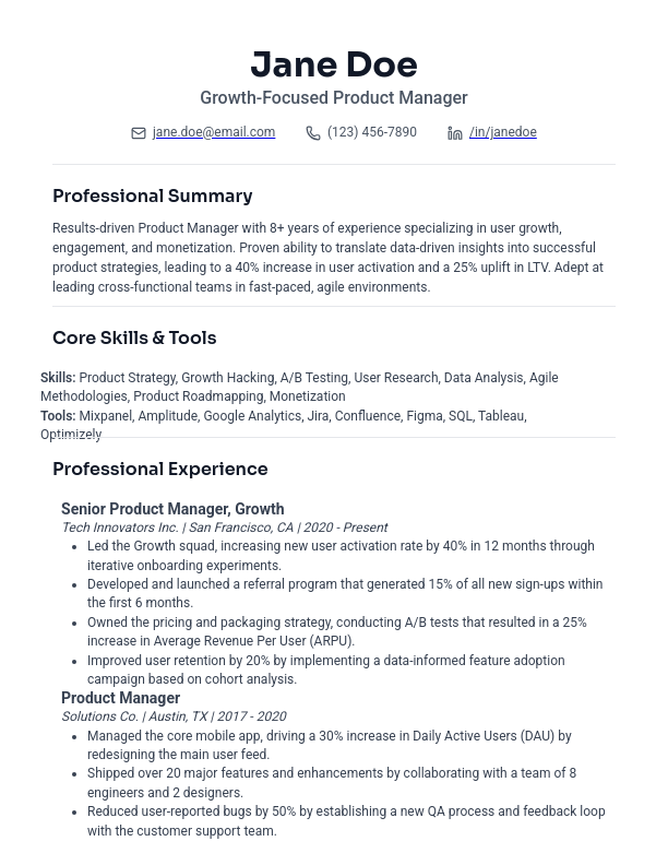 Product Manager Resume - Growth & Metrics