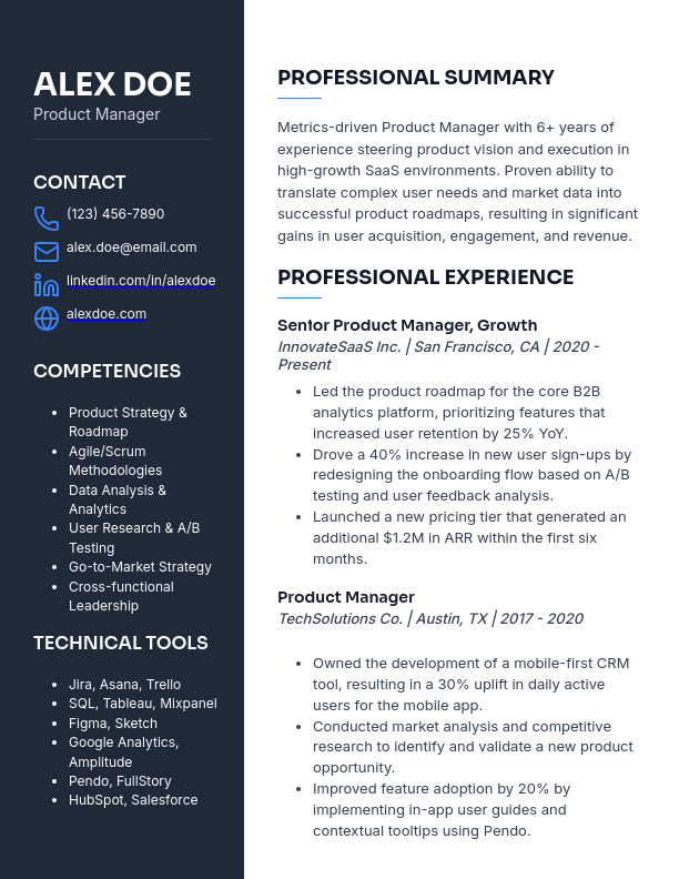 Product Manager Resume — Growth & Data