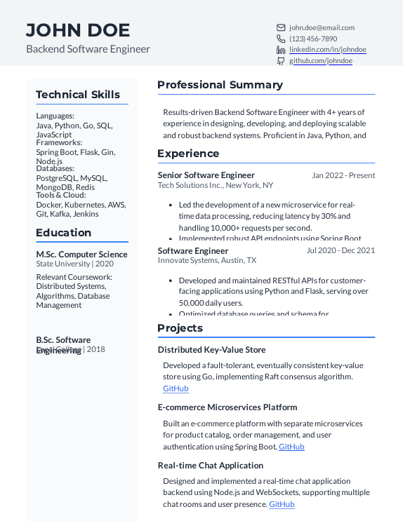 Backend-Focused Software Engineer Resume
