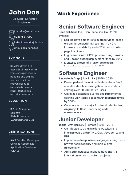 Full-Stack Software Engineer Resume (Portfolio)