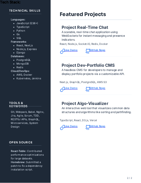 Full-Stack Software Engineer Resume (Portfolio)