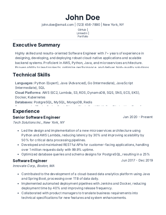 Software Engineer Resume — Cloud & Backend