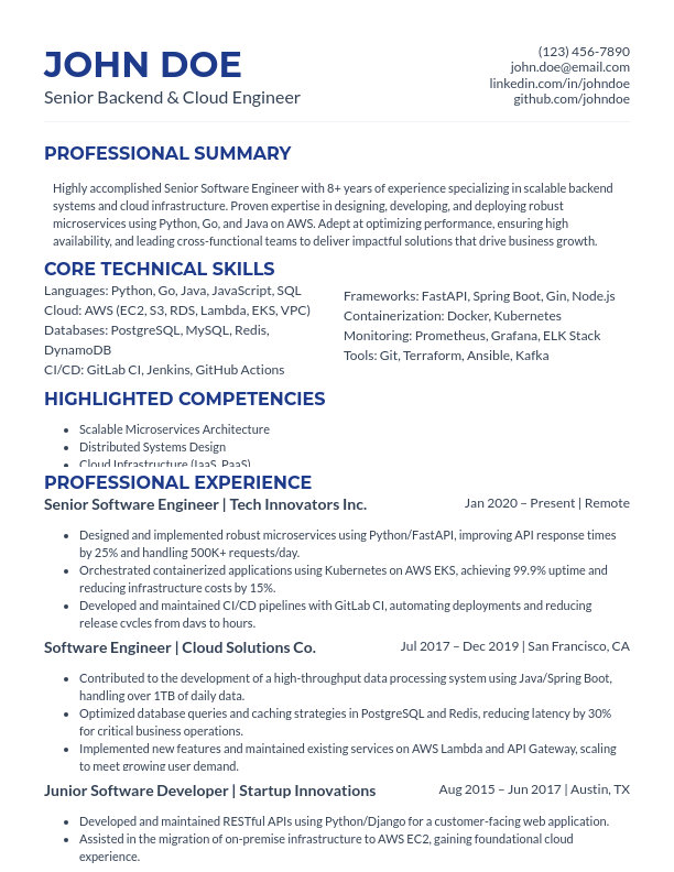 Software Engineer Resume — Backend & Cloud