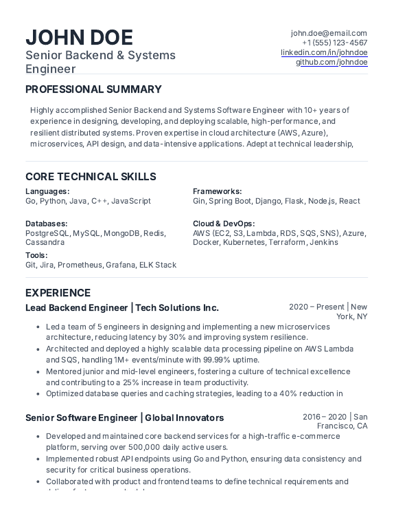 Backend & Systems Resume for Senior Engineers