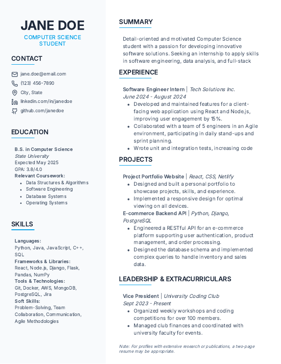 Student Resume for Internship Applications