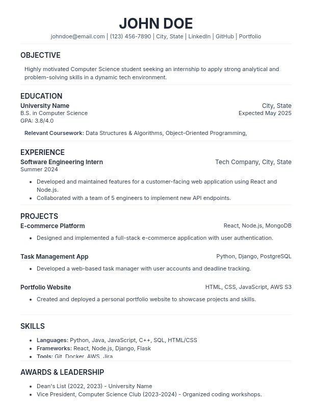 Student Resume — Internship & Projects