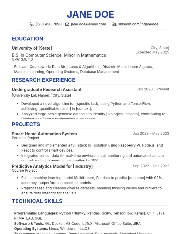 STEM Research Resume for Undergraduate Internships