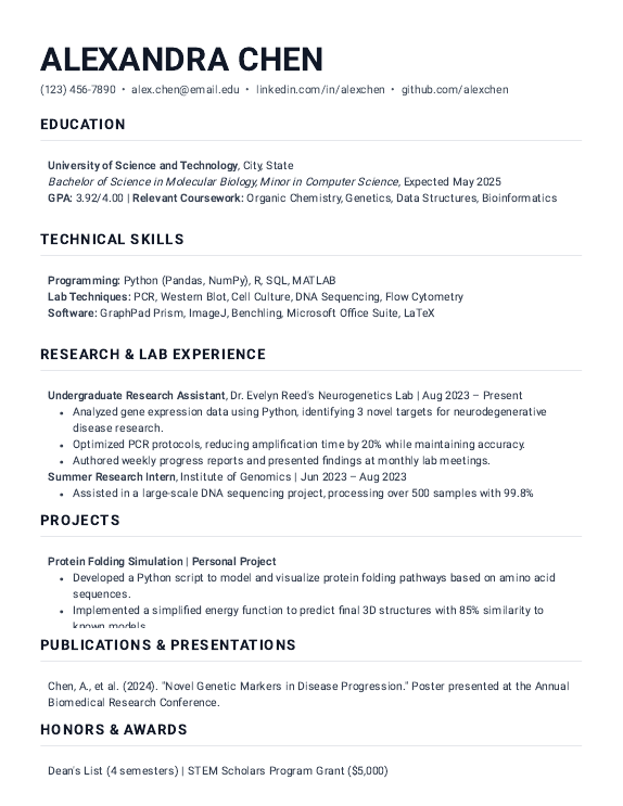 STEM Student Resume for Research Internships