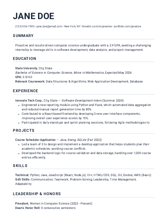 Undergraduate Resume for Internship Applications
