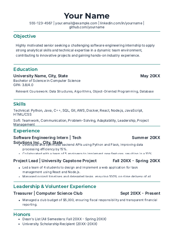 College Senior Resume for Internship Success