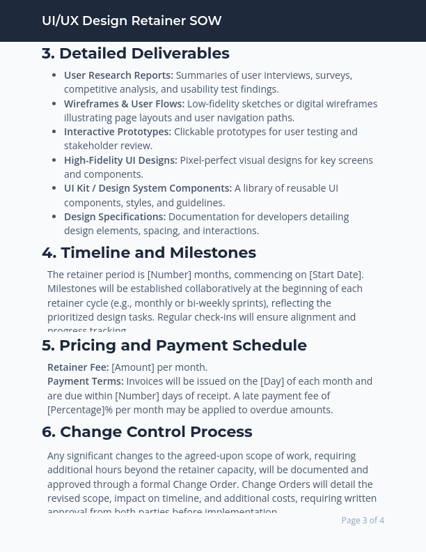 UI UX Design SOW for Retainer Projects