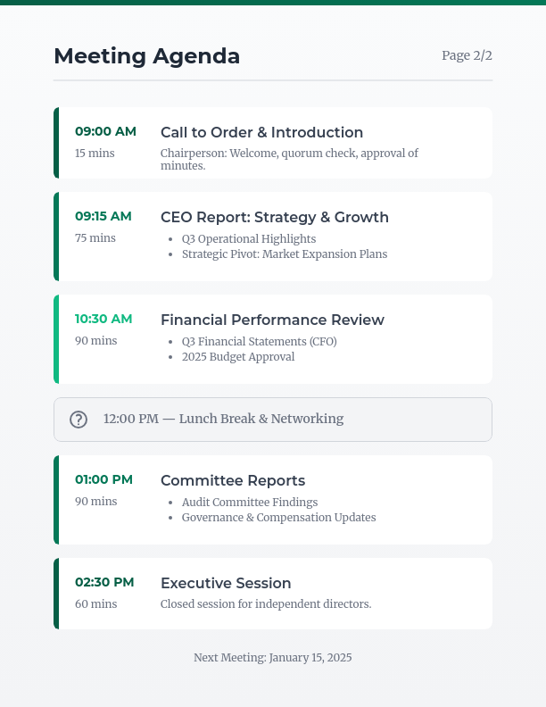 Strategic Quarterly Board Meeting Agenda