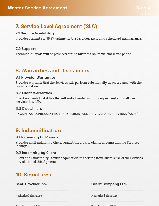 SaaS Master Service Agreement