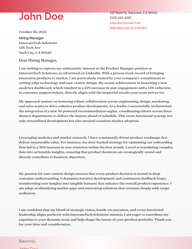 Strategic Product Manager Cover Letter