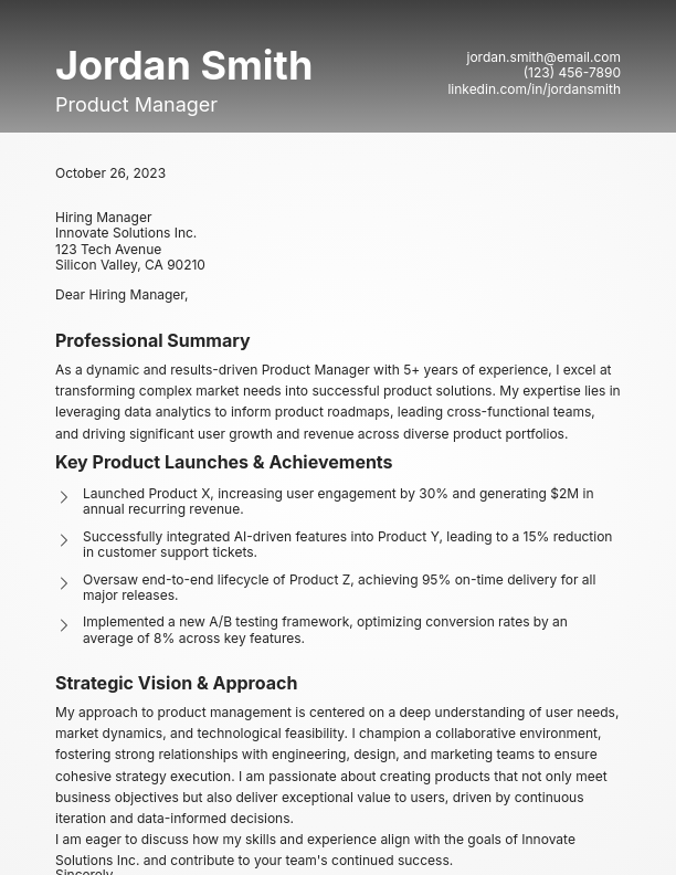 Strategic Product Manager Application Letter