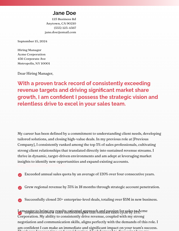 High-Impact Sales Professional Cover Letter