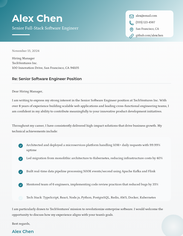 Professional Software Engineer Cover Letter