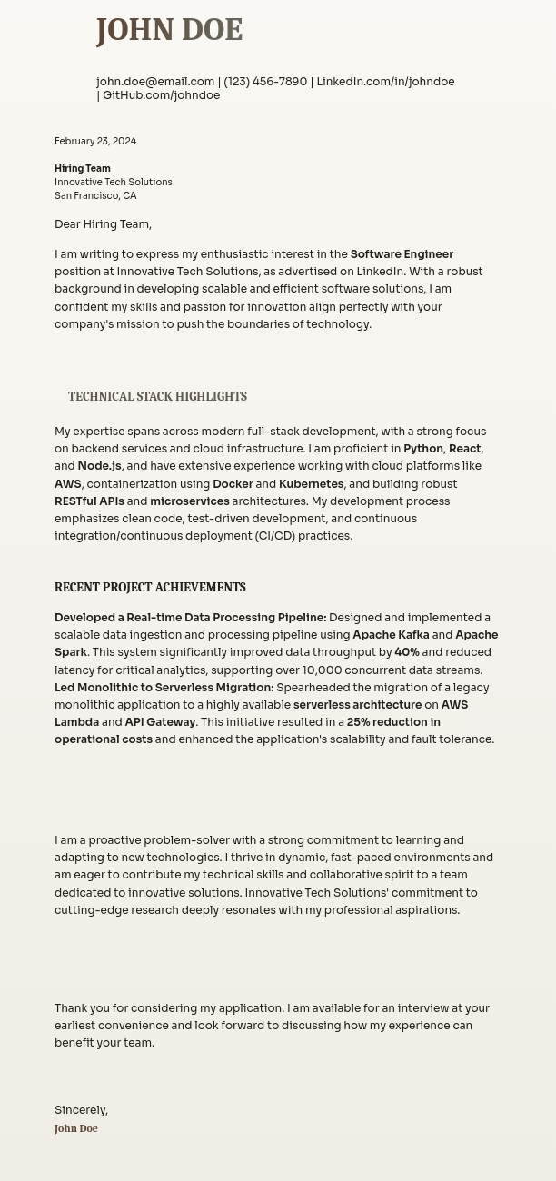 Modern Software Engineer Application Letter