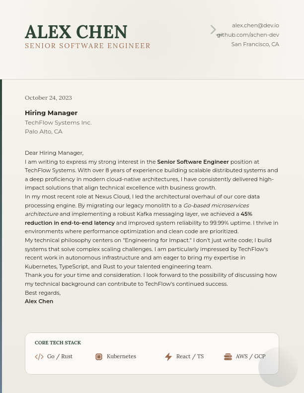 Technical Software Engineer Cover Letter