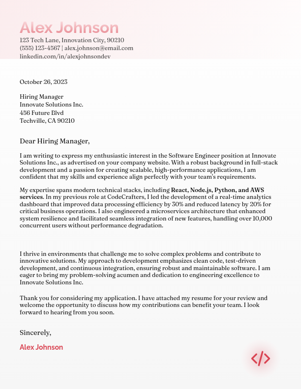 Professional Software Engineer Cover Letter