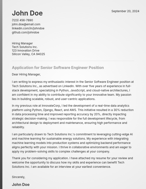 Modern Software Developer Career Letter