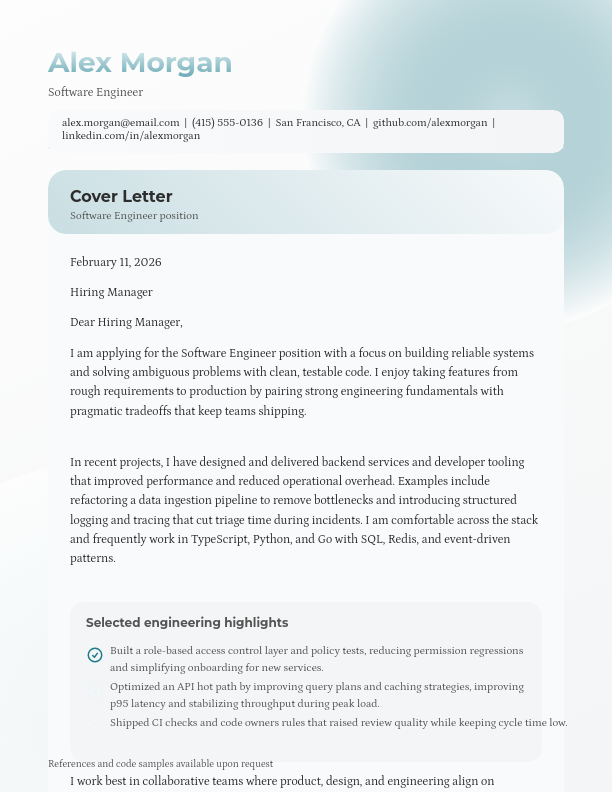 Full Stack Software Engineer Cover Letter