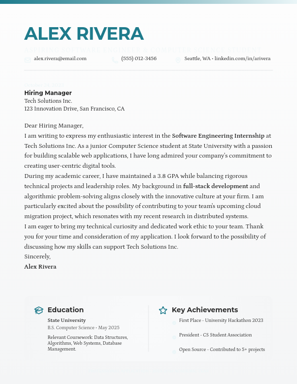 Professional Academic Internship Cover Letter