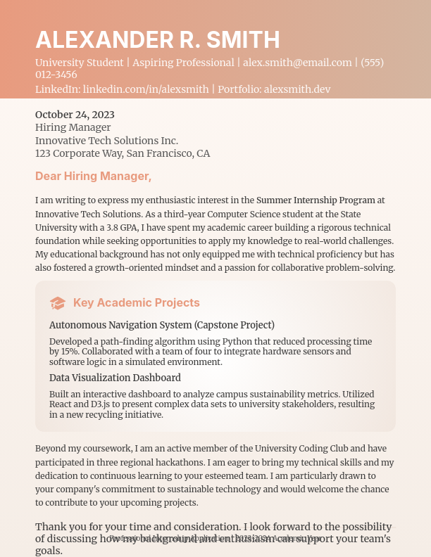 Academic Internship Application Letter