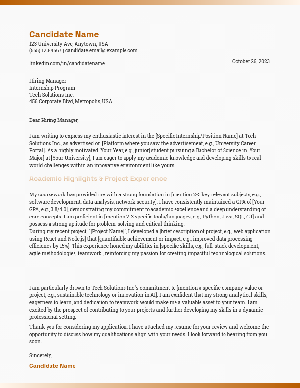 Professional Student Internship Cover Letter