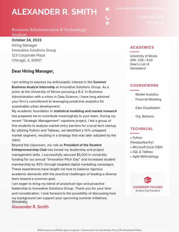 Undergraduate Internship Cover Letter