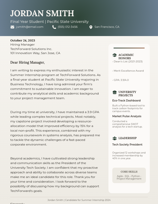 Academic Graduate Internship Cover Letter