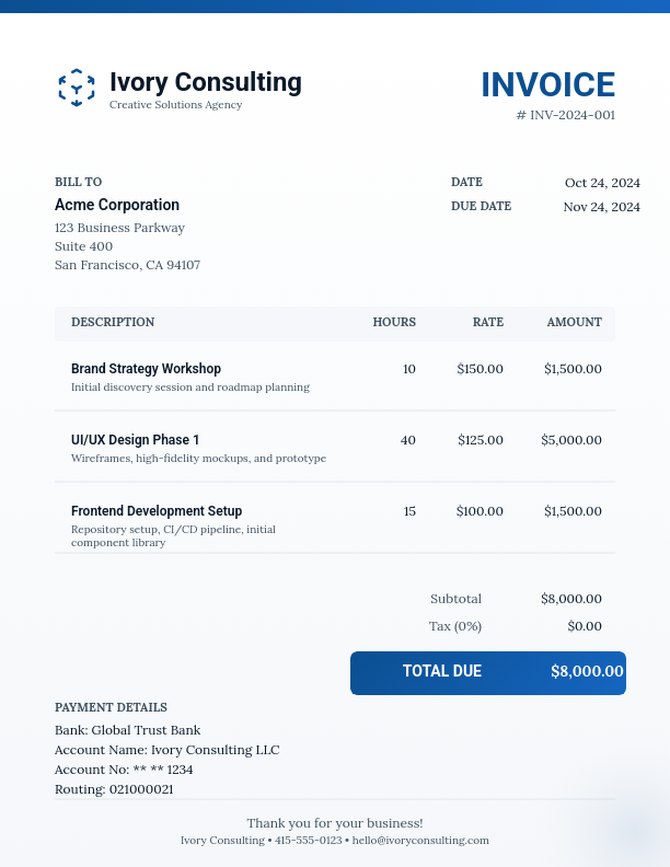 Professional Creative Agency Billing Summary