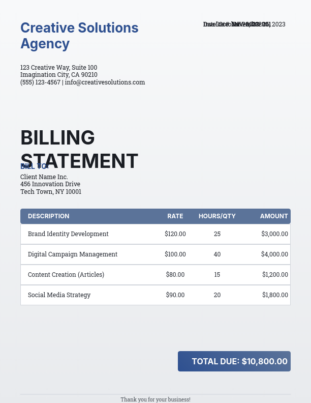 Modern Marketing Agency Billing Statement