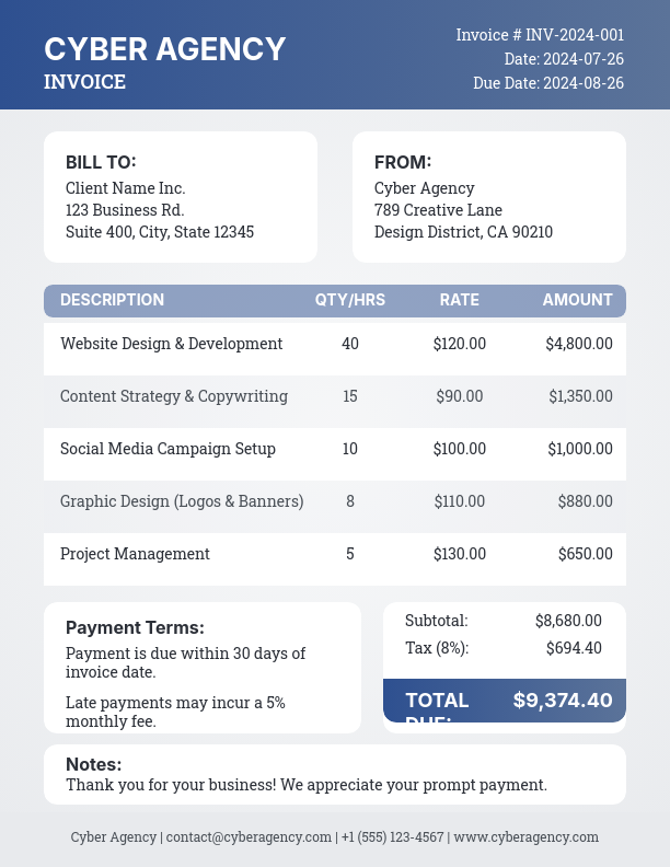 Professional Digital Agency Service Invoice