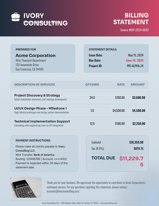 Professional Consulting Fee Statement