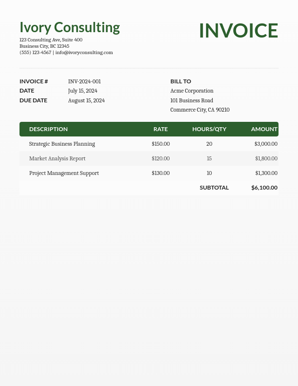 Professional Consulting Fee Statement