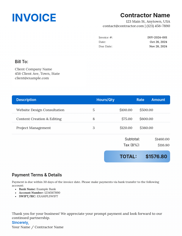Professional Freelance Billing Statement